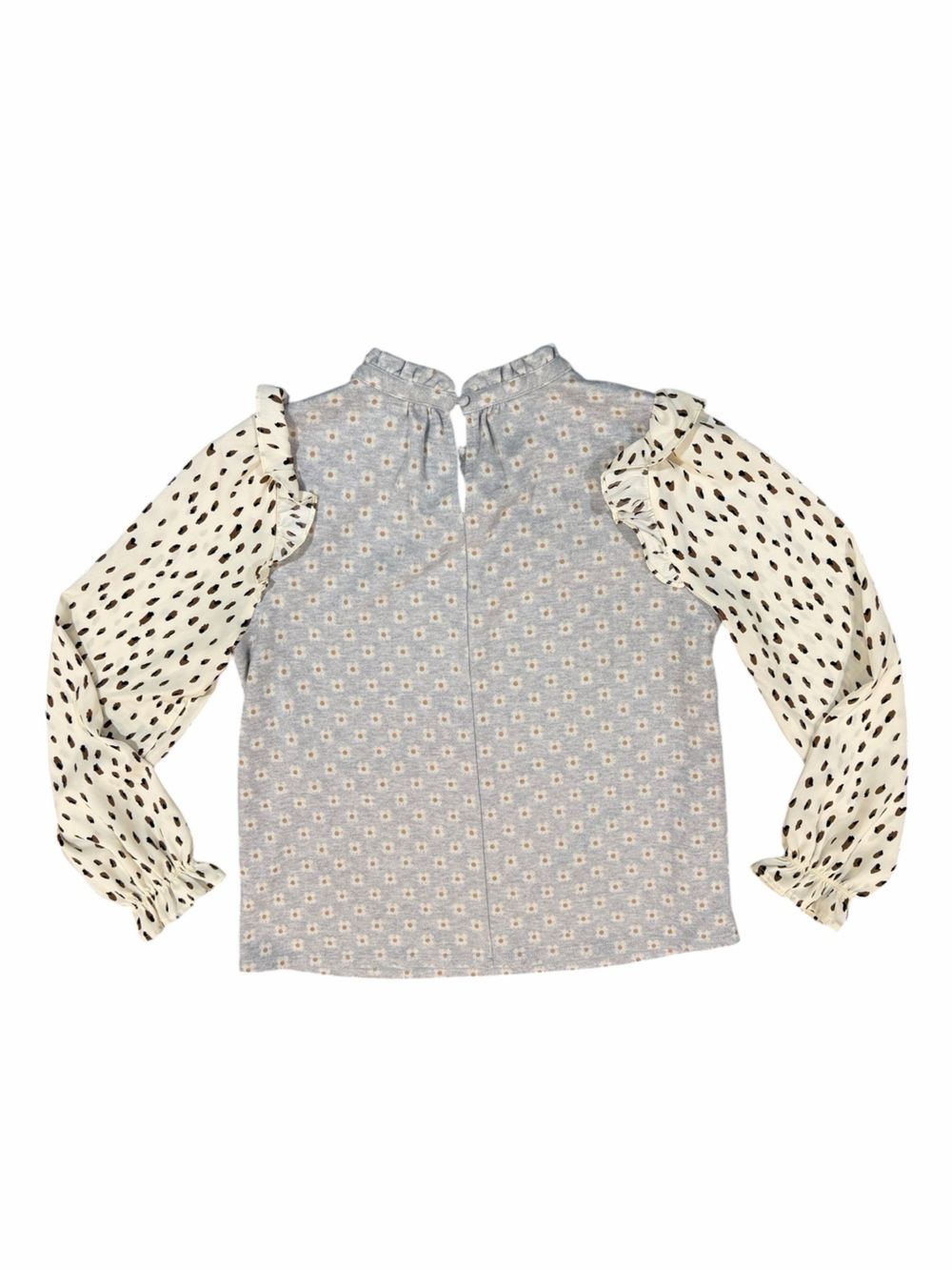 THML Mixed Print Ruffle Sleeve Top | Daisy Floral Knit | Leopard Chiffon Sleeves - Picture 5 of 12